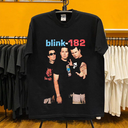 Pop-Punk朋克乐队blink-182 复古三人合照印花重磅落肩短袖T恤tee