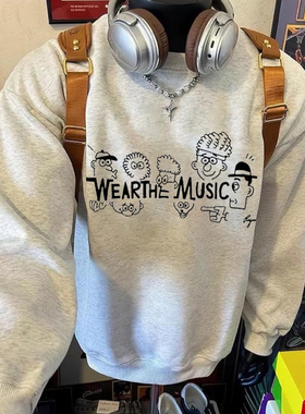 原宿风学生卡通涂鸦圆领卫衣男女情侣款宽松潮流百搭灰色上衣秋冬