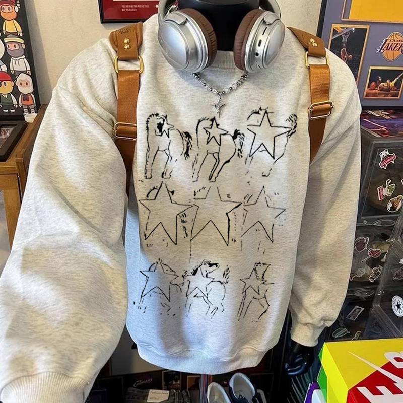 美式复古手绘马印花圆领卫衣男女宽松设计感小众上衣潮牌秋冬新款