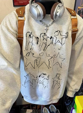 美式复古手绘马印花圆领卫衣男女宽松设计感小众上衣潮牌秋冬新款