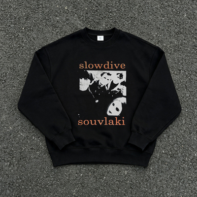 美式复古 Slowdive 慢潜乐队Souvlaki 专辑人像印花 圆领连帽卫衣