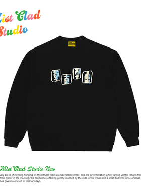 2025秋季新款黑色圆领卫衣 美式街头设计感潮牌宽松重磅纯棉上衣