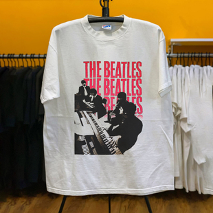 披头士The Beatles乐队钢琴剪影印花INS个性复古纯棉重磅短袖T恤
