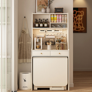 实木餐桌餐边高柜一体家用小户型墙边客厅厨房收纳柜带可折叠餐桌