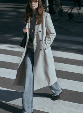 西班牙代购Sfera 极简风双排扣毛呢大衣女长款质感外套老钱风