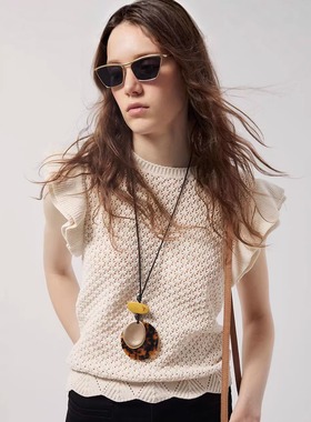 西班牙代购Sfera 法式浪漫风圆领无袖镂空针织衫女荷叶边背心上衣