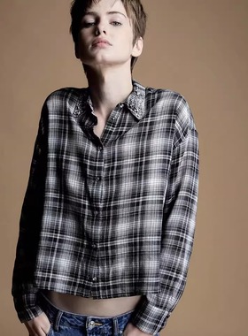 西班牙代购Sfera 复古格纹衬衫女长袖翻领宽松百搭上衣学院风衬衣