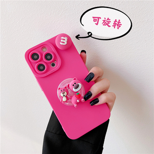 M豆草莓小熊16可以旋转卡通适用苹果17promax手机壳气囊支架立体iphoneAir玫红色可爱14plus少女创意15软壳13