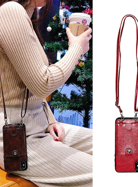 纯色皮质插卡包可斜挎13适用苹果15promax手机壳零钱包iphone14plus带挂绳12背包式11软皮xs女款全包防摔7/8p