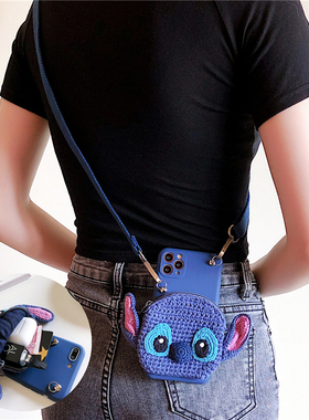 史迪仔卡通毛线零钱包一体12适用苹果17promax手机壳斜挎背包式iphoneAir带挂绳16plus可爱15P蓝色13小挎包14