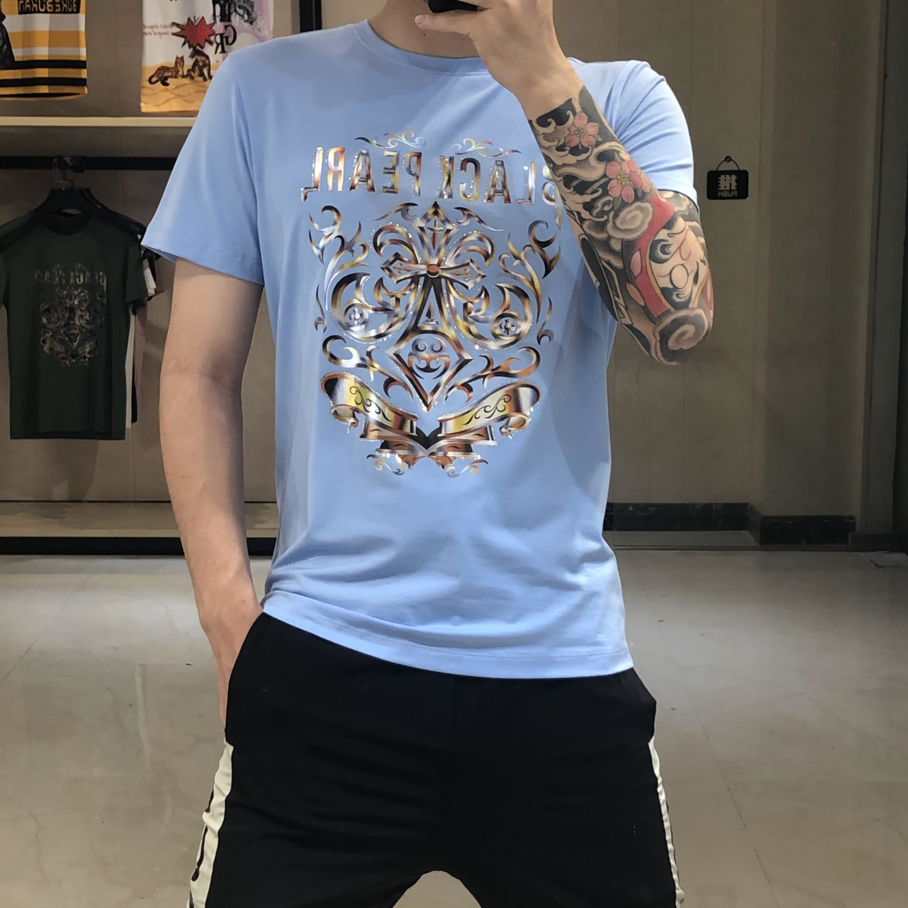 2020夏季新款欧美男士丝光棉短袖印花图案修身圆领潮流时尚T恤男