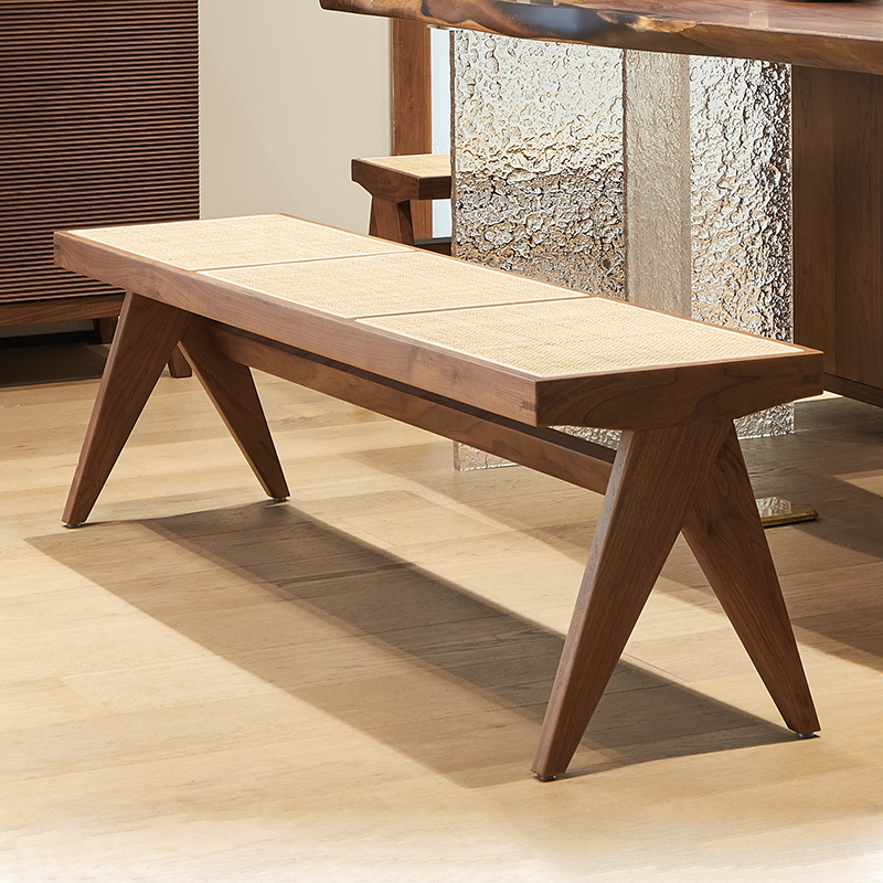 欣雅图北美黑胡桃木藤编长条凳