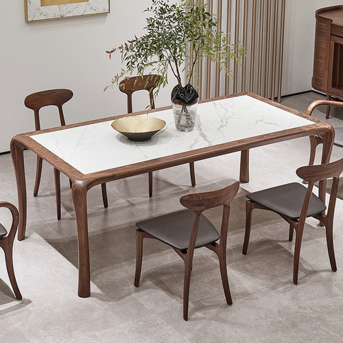 意式岩板餐桌长方形实木餐厅桌子原木极简北美黑胡桃木餐桌椅餐台