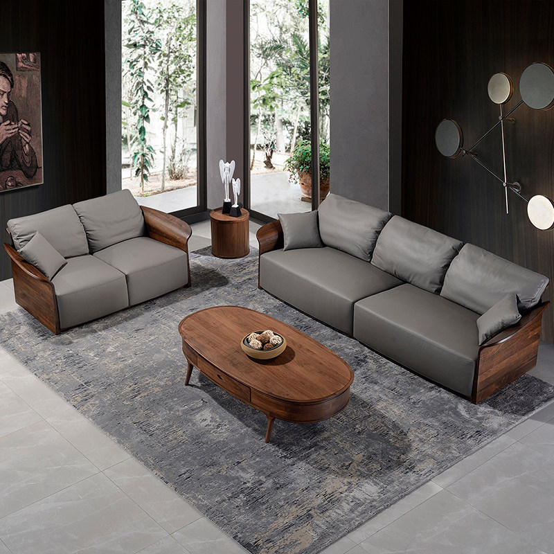 意式轻奢实木真皮沙发头层牛皮北欧客厅原木奢华北美黑胡桃木家具