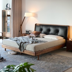 北美黑胡桃木床实木床1.8米双人床真皮床主卧床现代简约轻奢床1.5