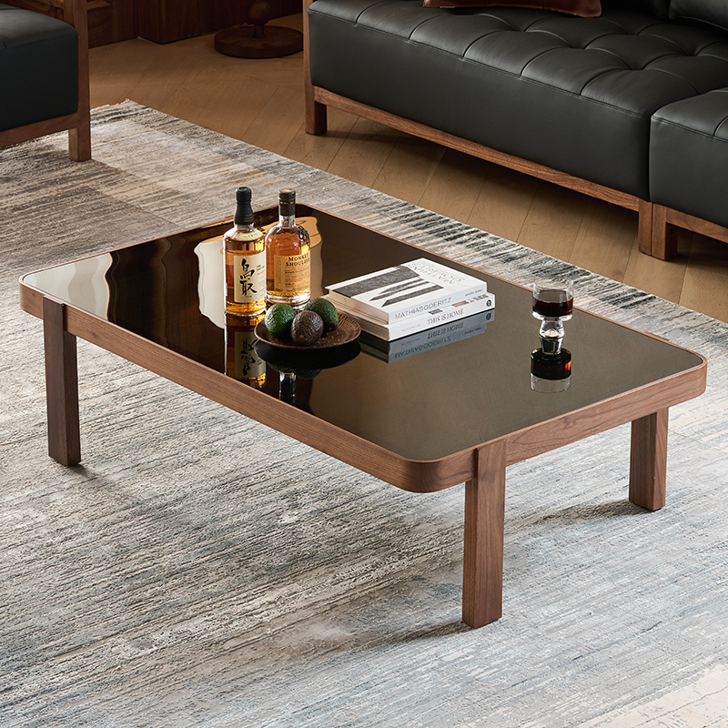 欣雅图黑色钢化玻璃黑胡桃木茶几