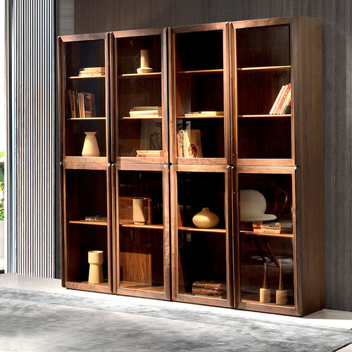 意式书橱书房置物柜子北美黑胡桃木书柜书架客厅实木玻璃门储物柜 - 封面