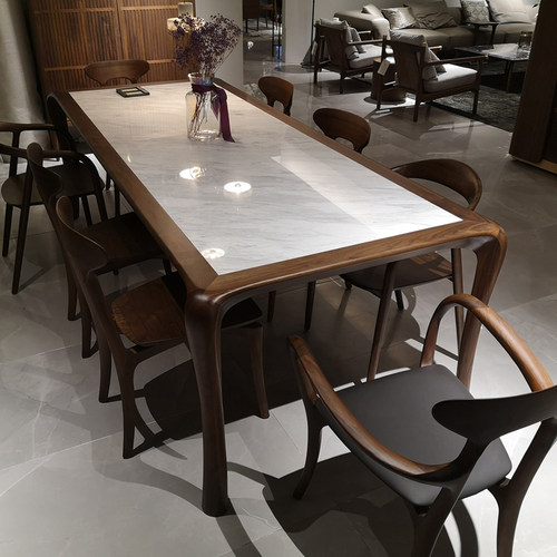 意式轻奢北美黑胡桃木大理石餐桌