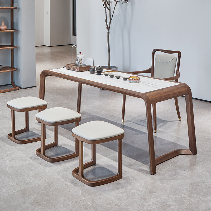 北美黑胡桃木茶桌新中式原木茶桌禅意茶室设计别墅实木大理石茶台