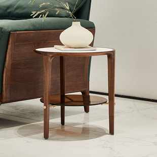 极简北美黑胡桃木边几岩板小圆桌圆形小茶几实木沙发桌床头桌 意式