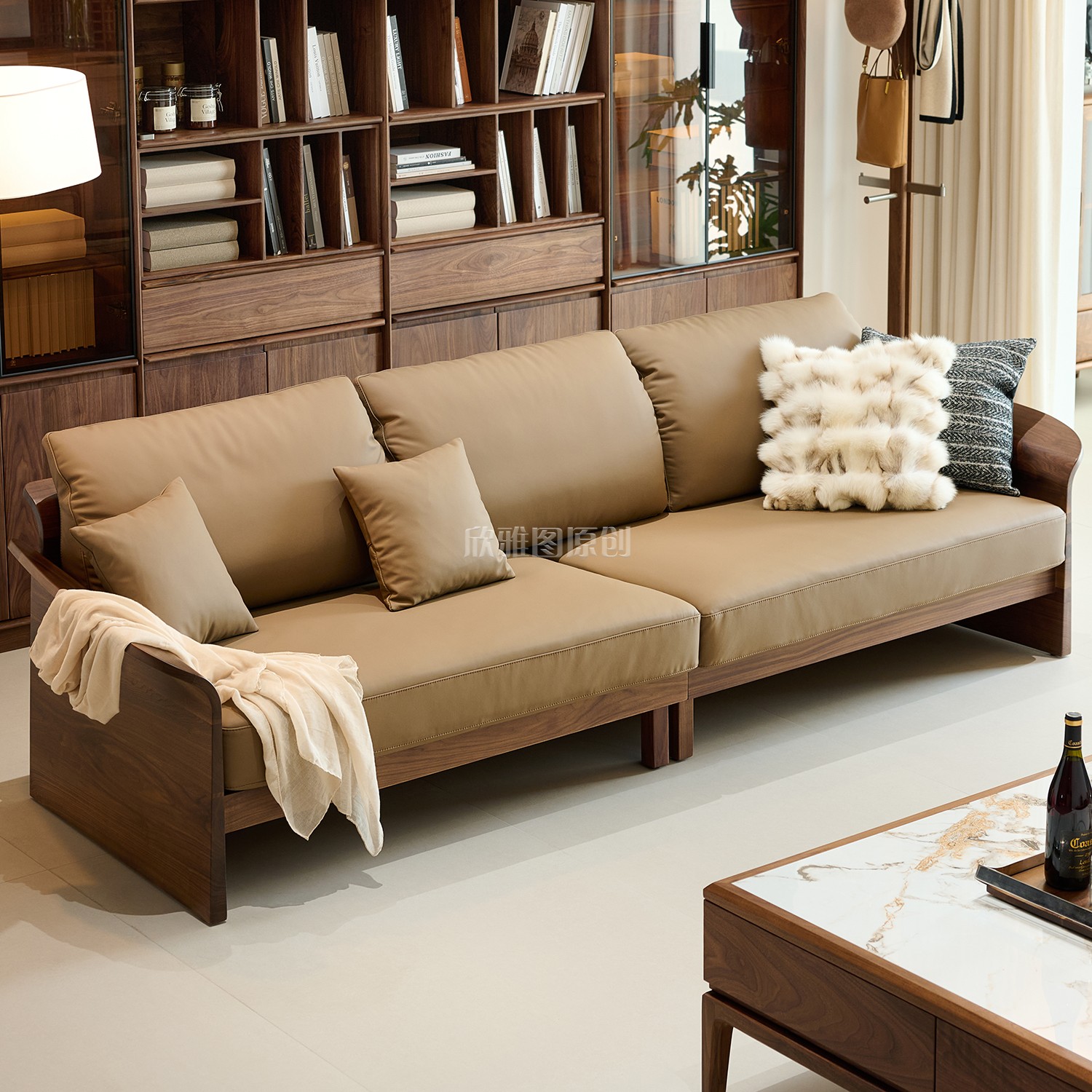 北美黑胡桃木实木真皮沙发