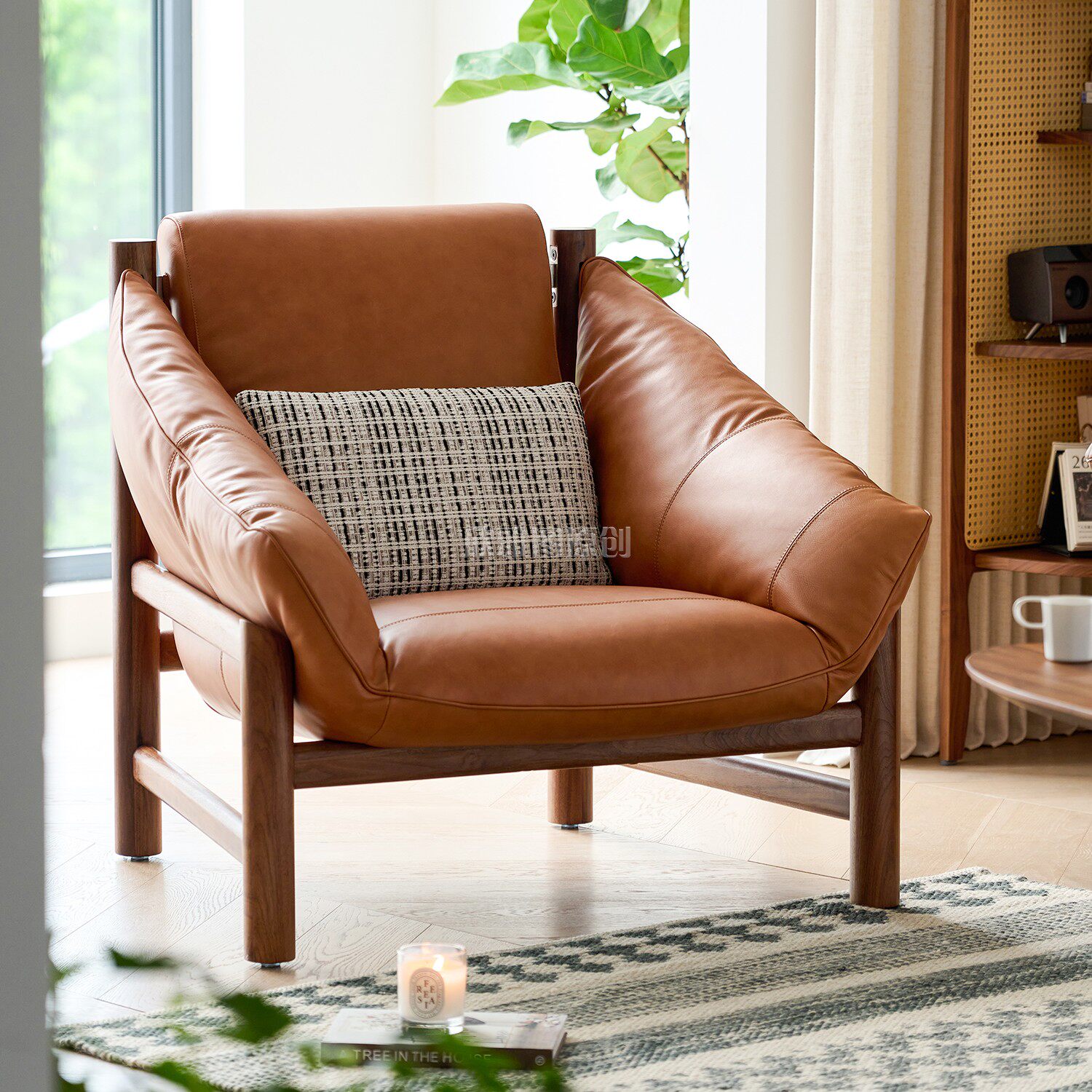 北美黑胡桃木真皮休闲椅沙发椅懒人躺椅实木单椅软包单人椅老虎椅