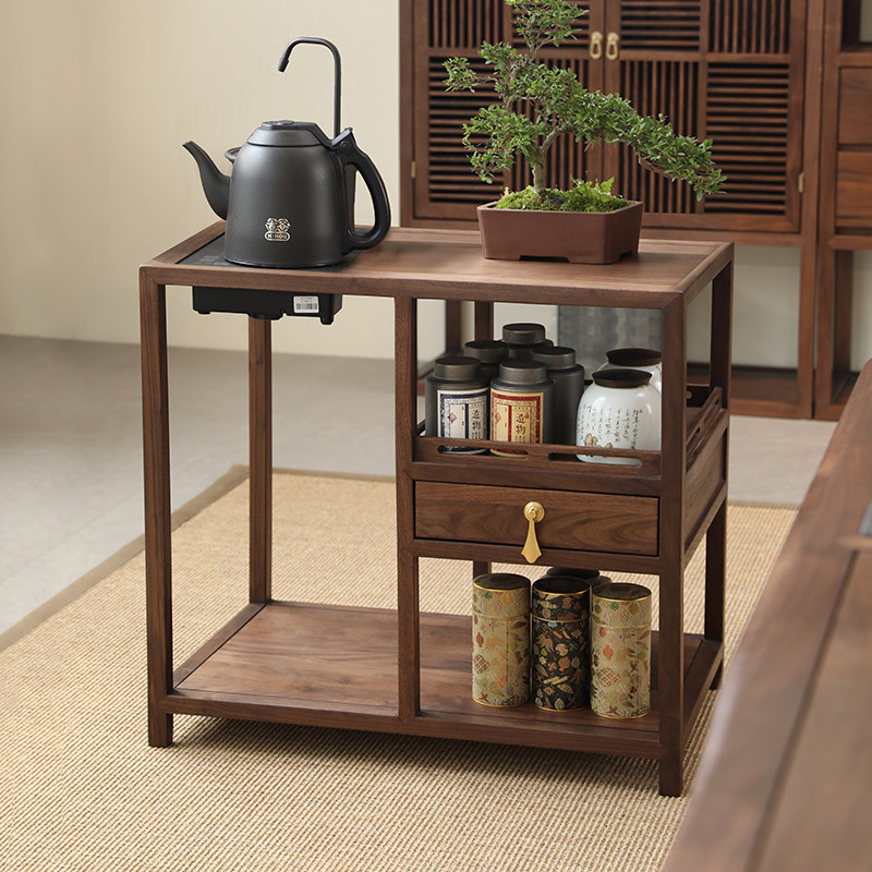 北美黑胡桃木沙发边柜家用客厅小茶台新中式茶水柜茶水台实木茶柜