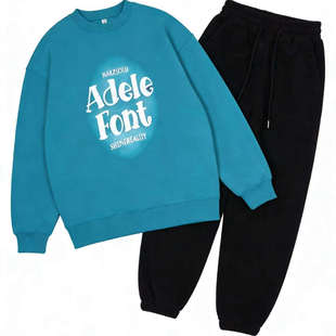 休闲慵懒风字母印花卫衣男女童冬季加绒百搭套头上衣湖蓝色