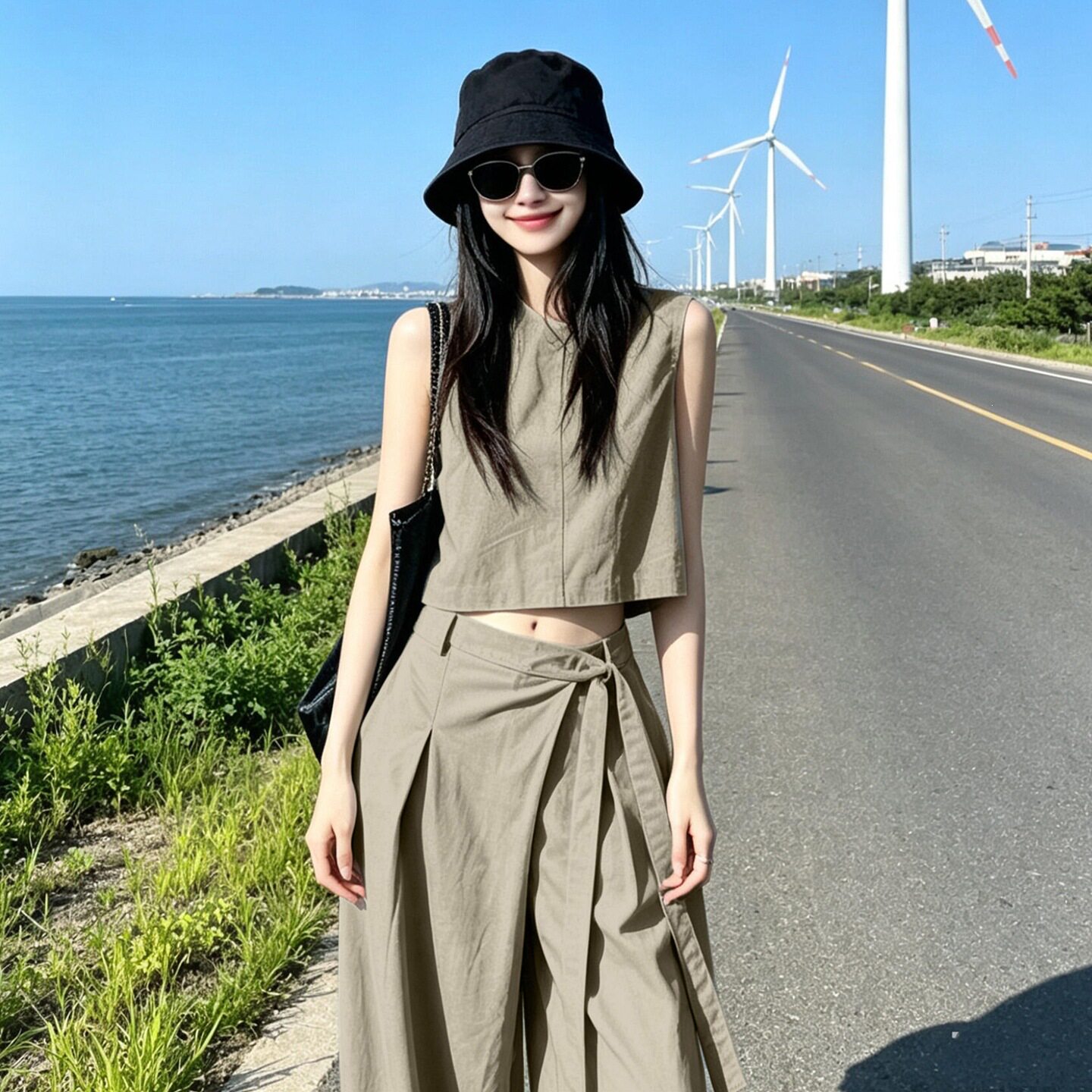 巨好看韩系穿搭一整套ootd无袖上衣阔脚裤两件套装女2026新款夏季