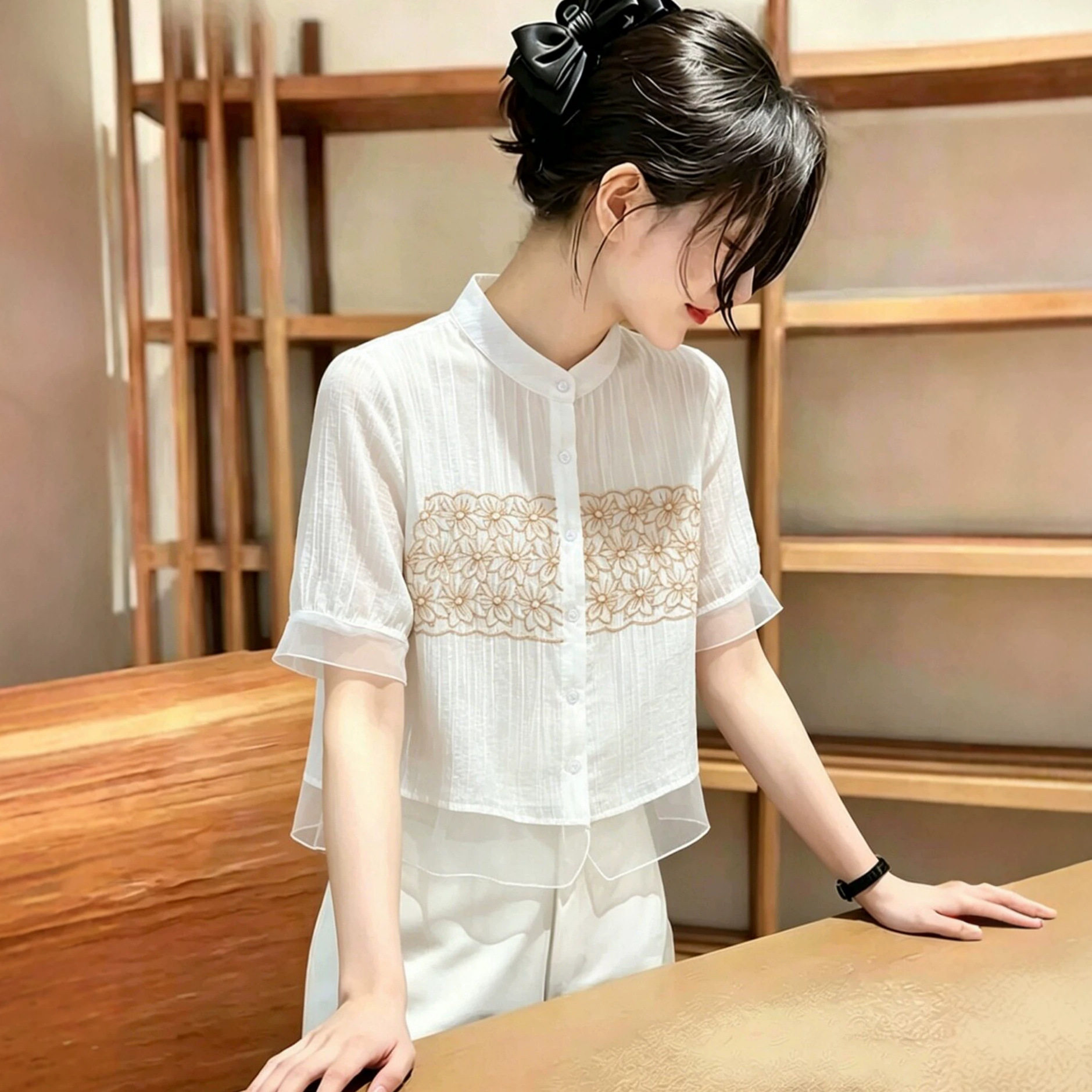 设计感复古显瘦短袖白色衬衫女夏季2026大码胖mm显瘦减龄半袖上衣