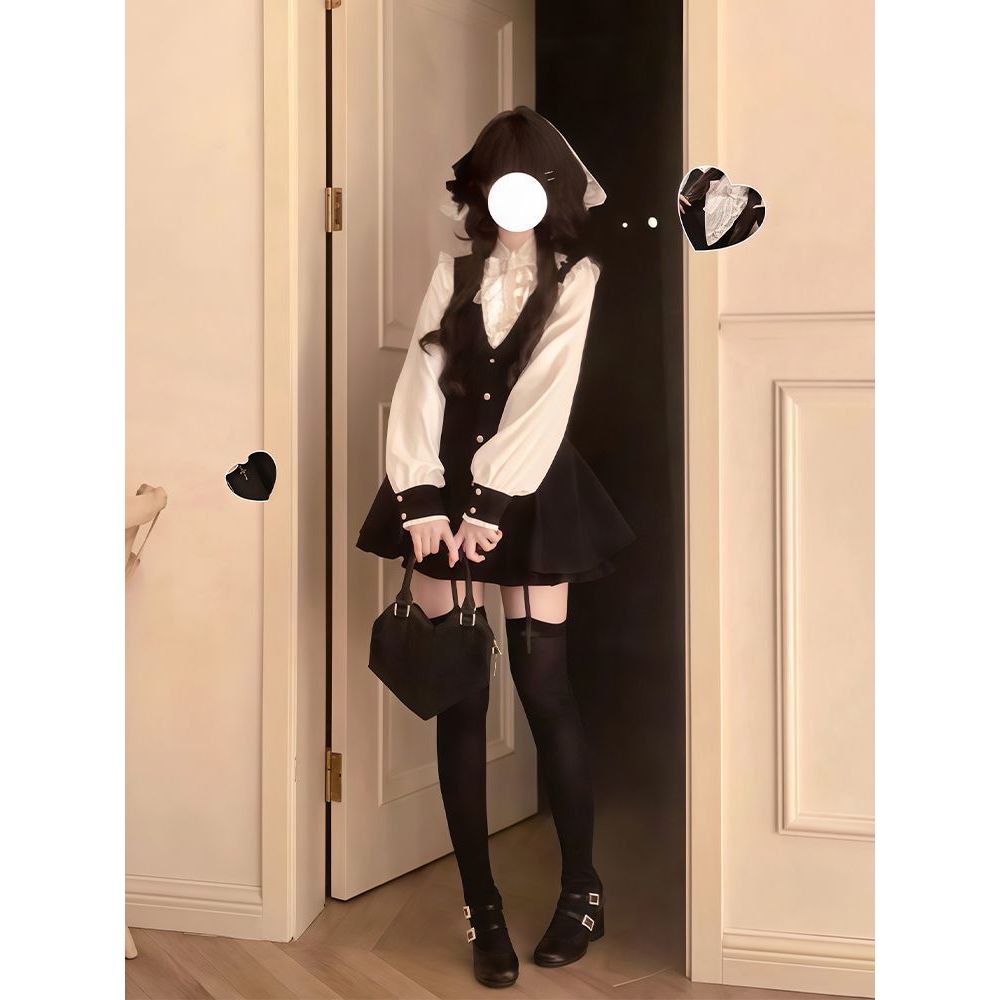 【风遇山止】春季美萌衬衫+背带连衣裙+打底裤套装日系穿搭小个子