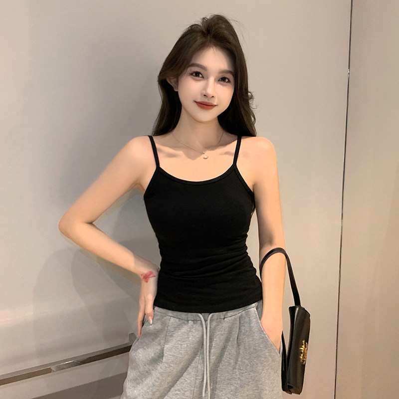 自拍-新款小吊带背心女士内搭不带胸垫一片式上衣黑色女装打底背