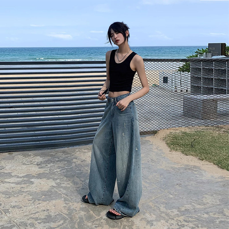 高腰显瘦设计直筒阔腿裤女春季2025美式复古百搭水洗抓痕牛仔裤子