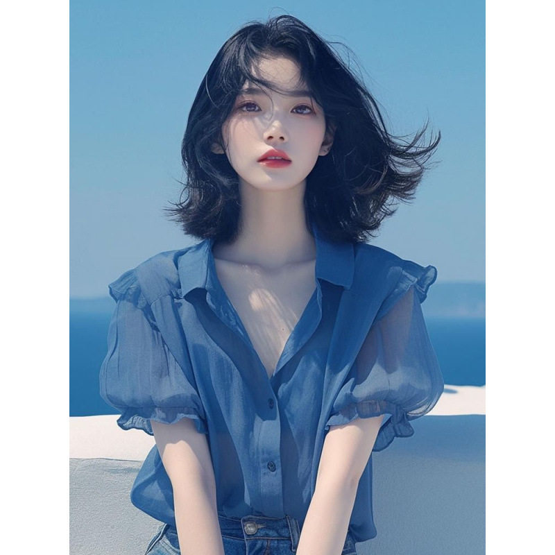 法式气质蓝色泡泡袖雪纺小衫女夏季新款遮肉显瘦上衣减龄薄款衬衫
