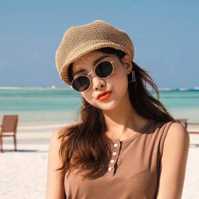 夏季八角帽草帽沙滩鸭舌画家帽子女遮阳防晒薄款百搭韩版贝雷帽潮