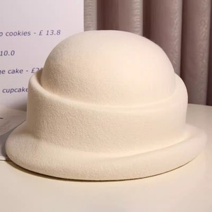 千金风优雅羊毛呢定型礼帽女秋冬轻奢翘边圆顶保暖褶皱短帽沿盆帽