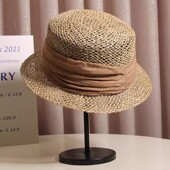 法式 出游度假海边咸草帽子女夏季 镂空平顶礼帽复古小帽檐遮阳草帽