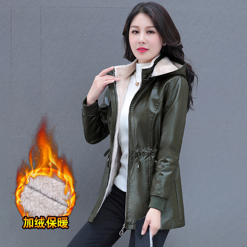 新款冬季女外套妈妈装皮衣时尚春秋款PU中长款加绒加厚修身