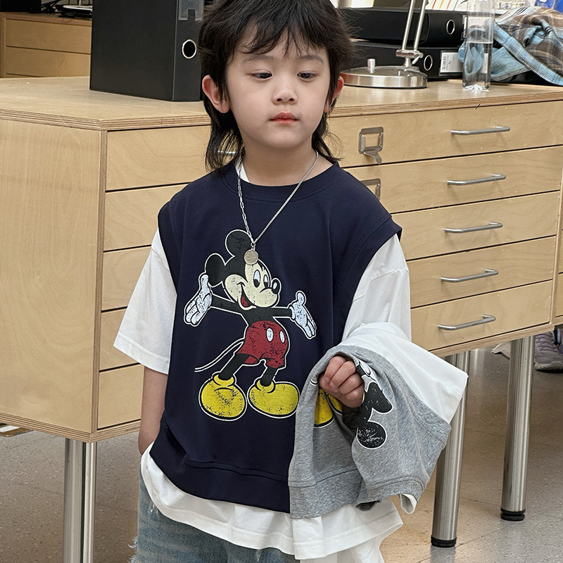 strechkid儿童夏季卡通T恤半袖拼色衣服男童米老鼠短袖纯棉假两件
