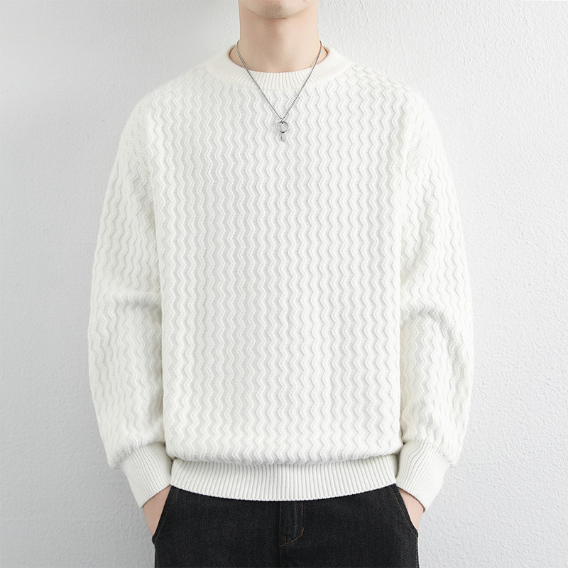 圆领白色加厚毛衣男装秋冬纯棉针织衫品质套头打底衫波浪纹棉线衣