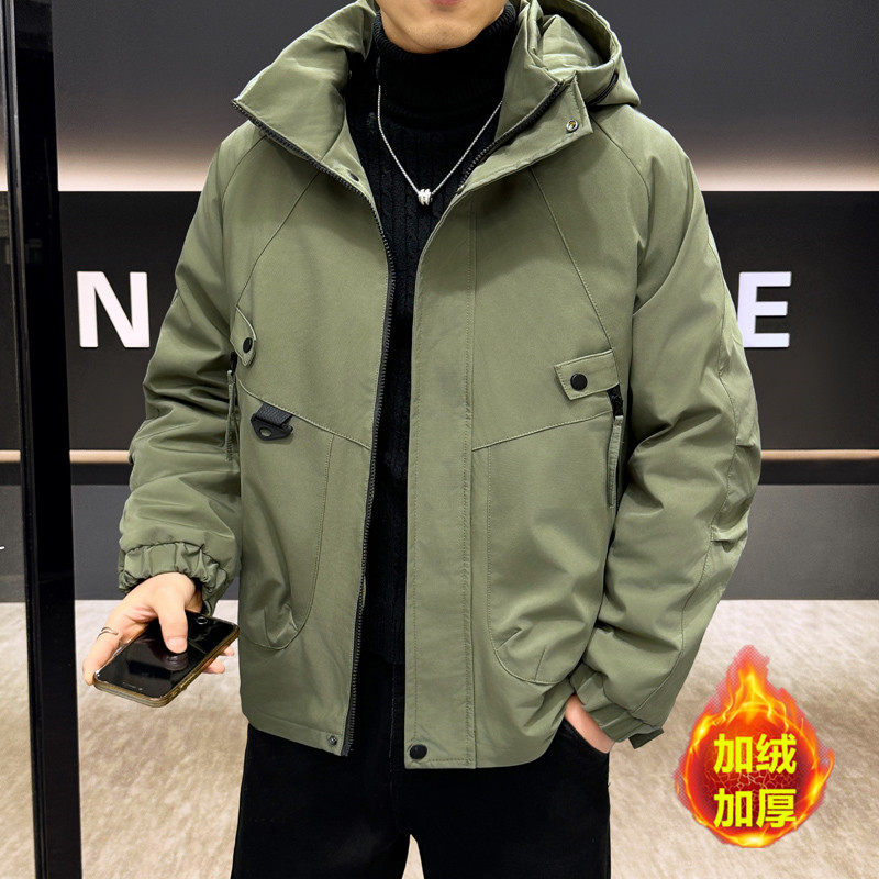 工装风连帽红色夹克男加绒加厚防寒派克服短款外套秋冬军绿色棉衣