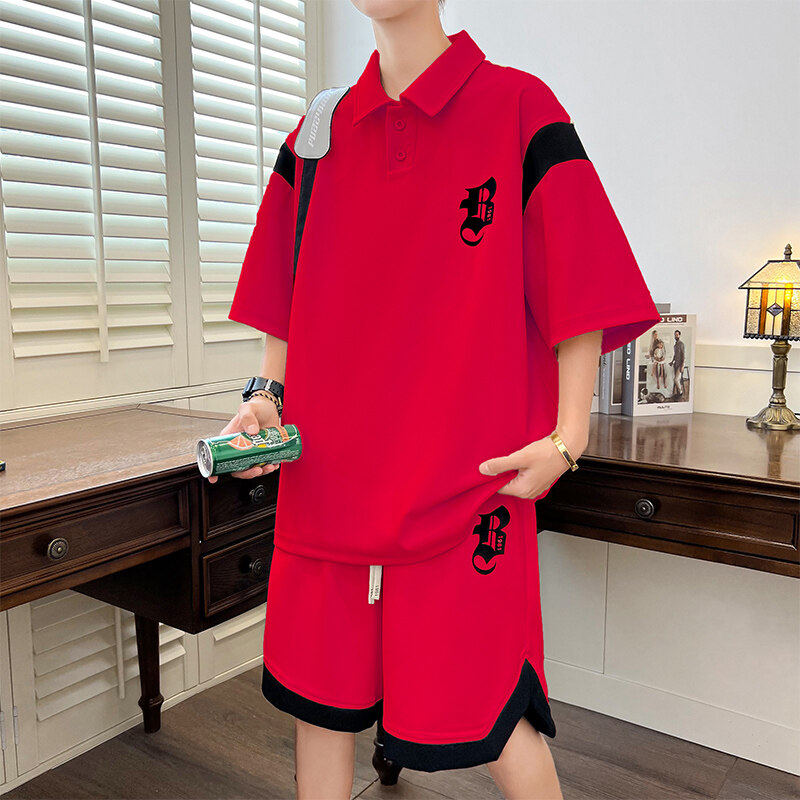红色男五分袖宽松POLO衫短裤两件套时尚休闲半袖痞帅潮流翻领套装,男装,休闲运动套装,淘宝优惠券,粉丝福利购,淘宝优惠卷