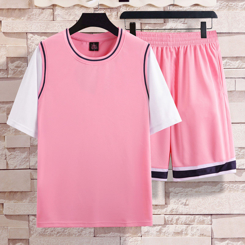 假两件运动套装男女短袖篮球服冰丝速干ins潮t恤粉色学生一套球衣