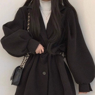 高级感绑带毛呢外套女冬季西装领加厚长袖上衣小个子短款呢子大衣