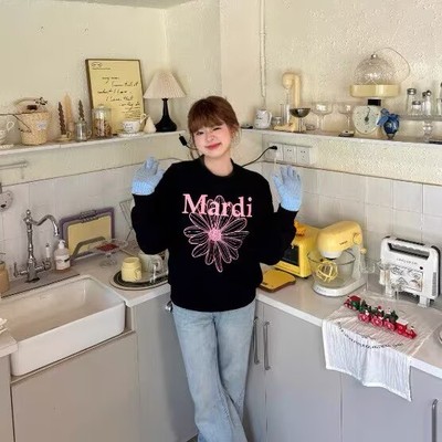 小雏菊Mardi韩国潮牌卫衣女金高银腊肠狗印花刺绣圆领宽松上衣女