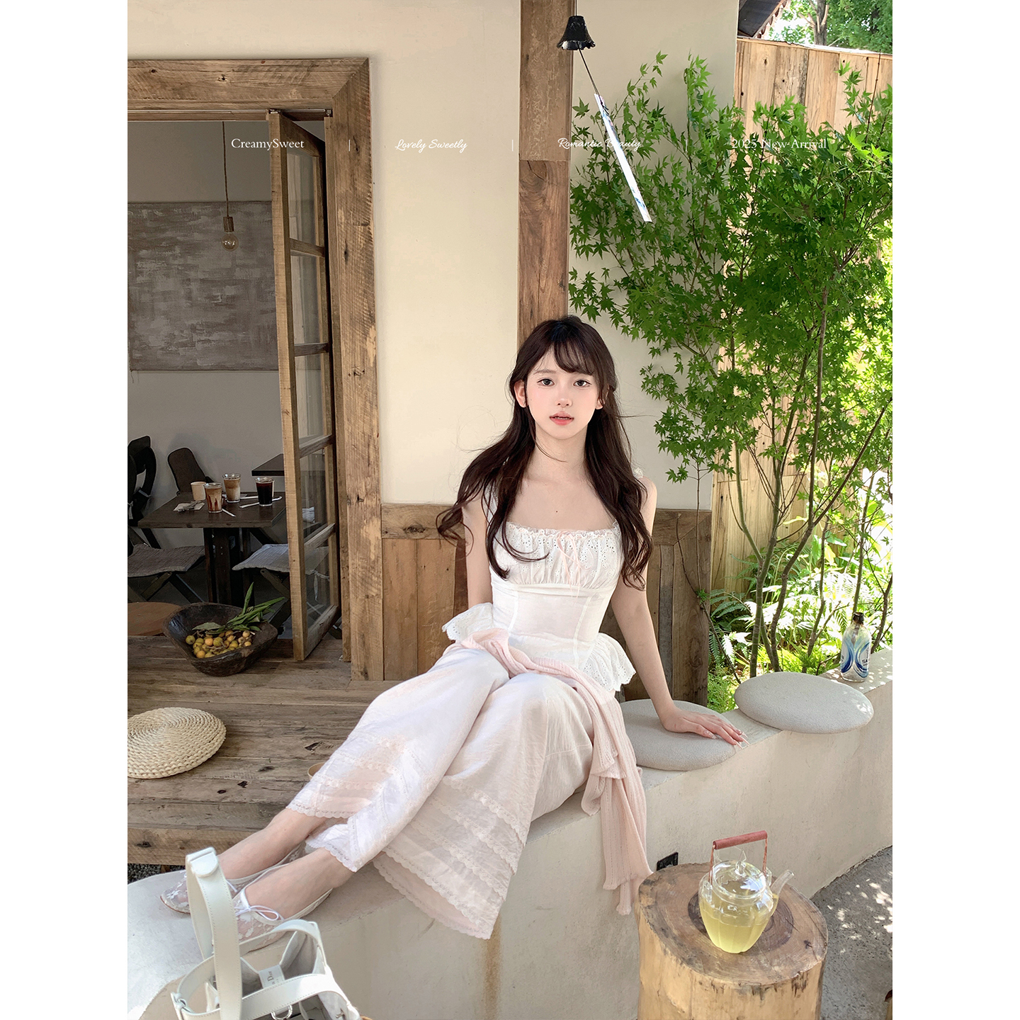 棉质花边吊带/蕾丝阔腿裤