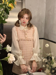 CreamySweet 樱荔香氛 粉色小香风背心裙早秋甜美a字连衣裙短裙女