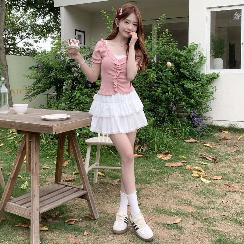 白色短裙女2026新款夏季蕾丝花边a字裙高腰显瘦芭蕾风百褶半身裙