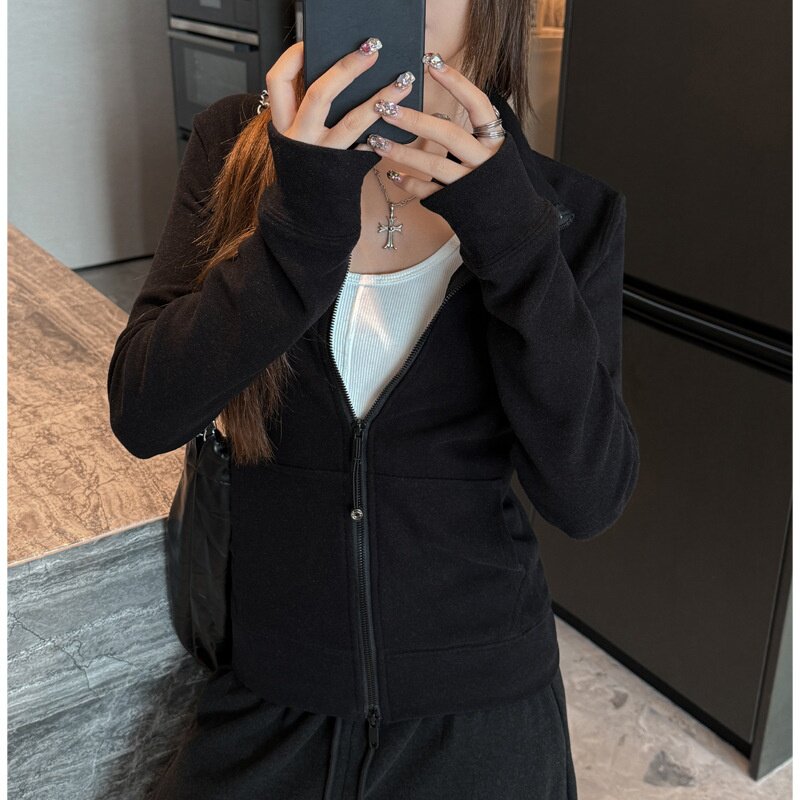 W灰色半高领外套女秋冬季修身显瘦韩系休闲简约百搭口袋运动上衣