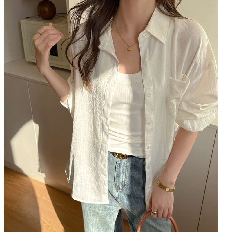 严选法式白色亚麻衬衫女夏季薄款宽松时尚气质高级感防晒纯色外套